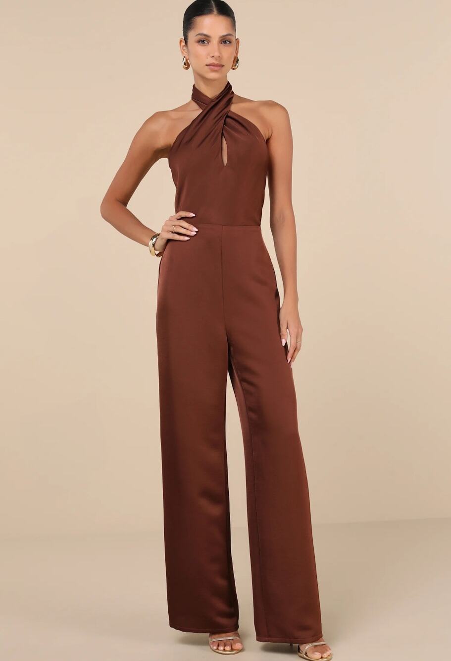 NEW Lulus Beyond Classy Brown Satin Halter Open Back Wide Leg Jumpsuit M